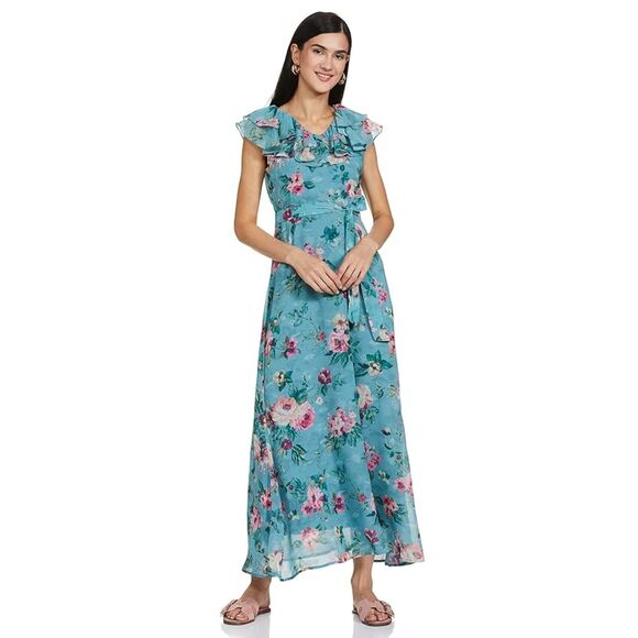FabAlley Georgette A Line Maxi Casual Dress Size S Feminine Romantic Blue Floral - Picture 1 of 13